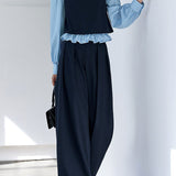 Elegant Commuter Crew Neck Color‑Block Spliced Top Wide‑Leg Pants Set