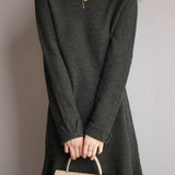 Elegant Commuter Crew Neck Long‑Sleeve Tie‑Waist Base Knit Midi Dress