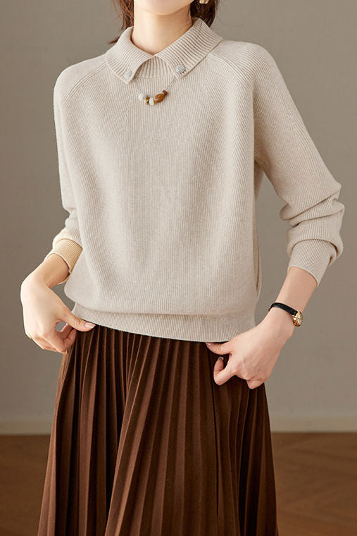 Elegant Pearl Lapel Raglan Sleeve Knit Sweater