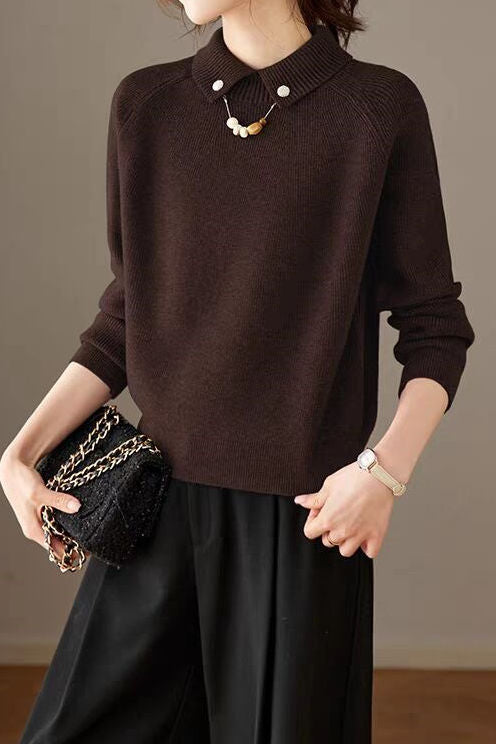 Elegant Pearl Lapel Raglan Sleeve Knit Sweater