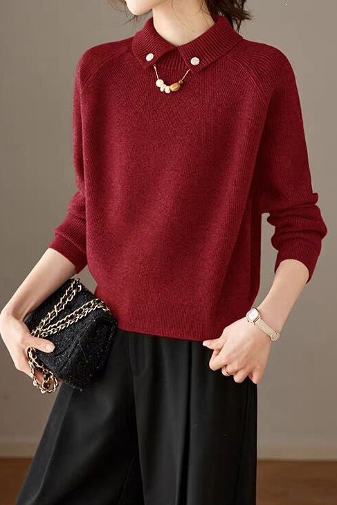 Elegant Pearl Lapel Raglan Sleeve Knit Sweater