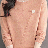 Elegant 3D Floral Asymmetric Topstitch Knit Sweater