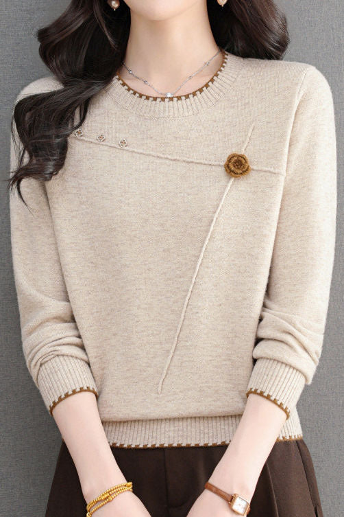 Elegant 3D Floral Asymmetric Topstitch Knit Sweater