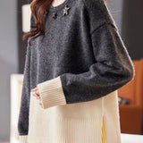 Casual Star‑Decorated Color‑Block Slit Knit Sweater