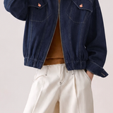 Casual Topstitch Zipper Patch‑Pocket Denim Set