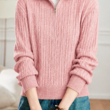 Casual Vertical Cable‑Knit Zip Half‑Placket Knit Sweater
