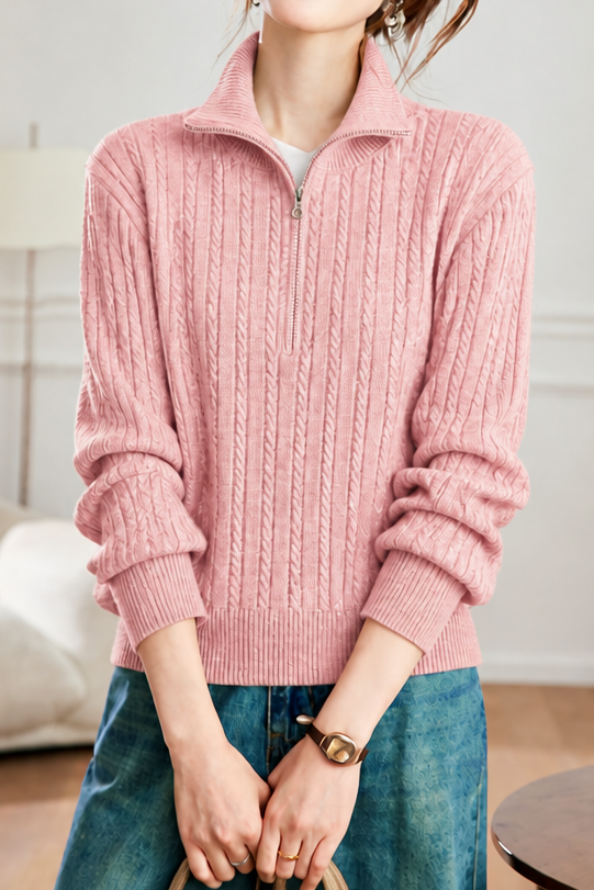 Casual Vertical Cable‑Knit Zip Half‑Placket Knit Sweater