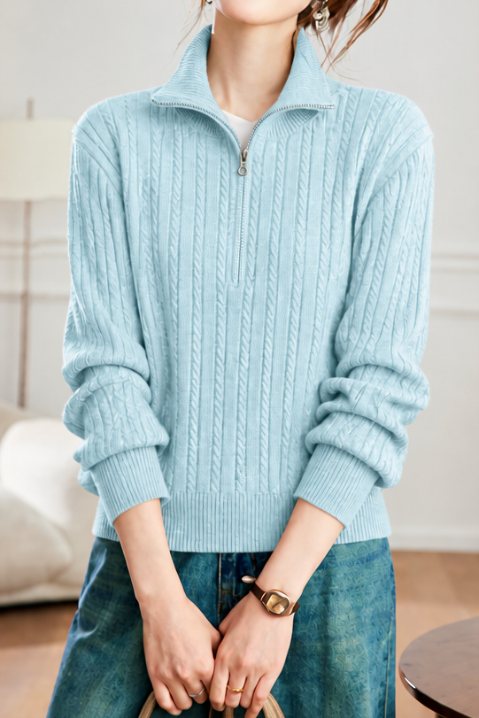 Casual Vertical Cable‑Knit Zip Half‑Placket Knit Sweater