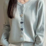 Casual Crew Neck Long‑Sleeve Knit Coat With Starfish Shell Buttons