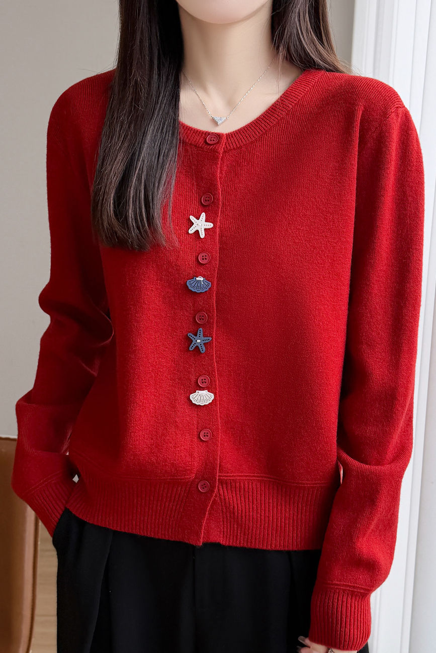 Casual Crew Neck Long‑Sleeve Knit Coat With Starfish Shell Buttons