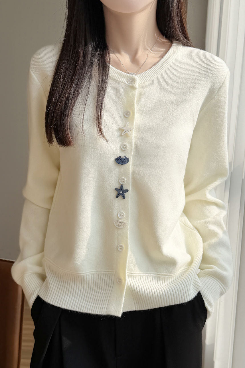 Casual Crew Neck Long‑Sleeve Knit Coat With Starfish Shell Buttons