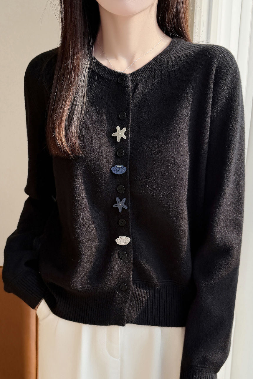 Casual Crew Neck Long‑Sleeve Knit Coat With Starfish Shell Buttons