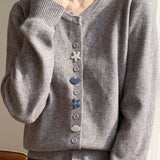 Casual Crew Neck Long‑Sleeve Knit Coat With Starfish Shell Buttons