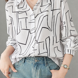 Elegant Commuter Lapel Long‑Sleeve Shirt With Abstract Line Print