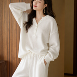 Casual Waffle Half‑Placket Long‑Sleeve Top And Wide‑Leg Pants Set