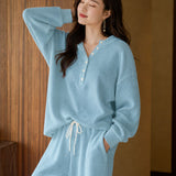 Casual Waffle Half‑Placket Long‑Sleeve Top And Wide‑Leg Pants Set