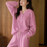 Casual Waffle Half‑Placket Long‑Sleeve Top And Wide‑Leg Pants Set