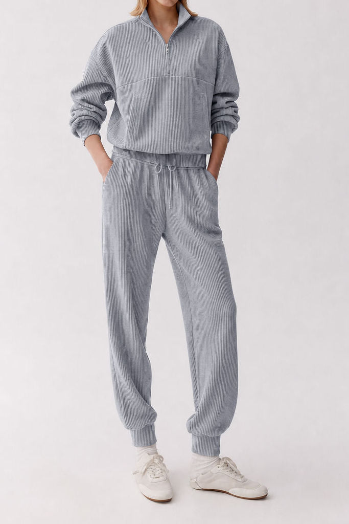 Casual Half‑Zip Vertical Texture Long‑Sleeve Top And Jogger Pants Set