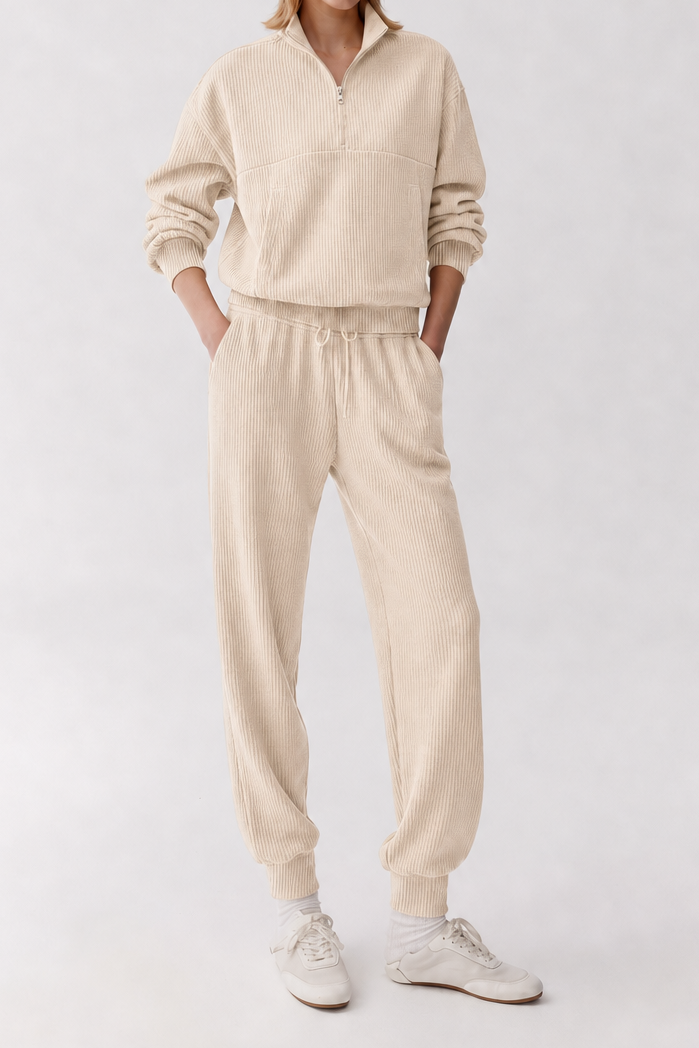 Casual Half‑Zip Vertical Texture Long‑Sleeve Top And Jogger Pants Set