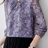 Elegant Commuter Ruffled Stand‑Collar Long‑Sleeve Lantern‑Sleeve Printed Shirt