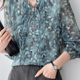 Elegant Commuter Ruffled Stand‑Collar Long‑Sleeve Lantern‑Sleeve Printed Shirt