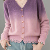 Elegant Date Gradient V‑Neck Single‑Breasted Lace‑Spliced Knit Cardigan