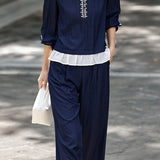 Elegant Casual Crew Neck Embroidered Lantern‑Sleeve Top And Wide‑Leg Pants Set
