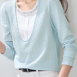 Elegant Commuter Beaded U‑Neck Spliced Long‑Sleeve T‑Shirt