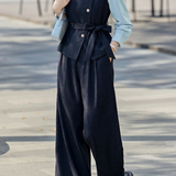Elegant Commuter Ruffled Stand‑Collar Long‑Sleeve Shirt,U‑Neck Diagonal‑Button Vest And Wide‑Leg Pants Three‑Piece Set