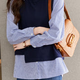 Knit‑Spliced Fake Two‑Piece Stripe Shirt