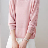 Casual Hollow‑Out Spliced Ribbed Knit Sweater