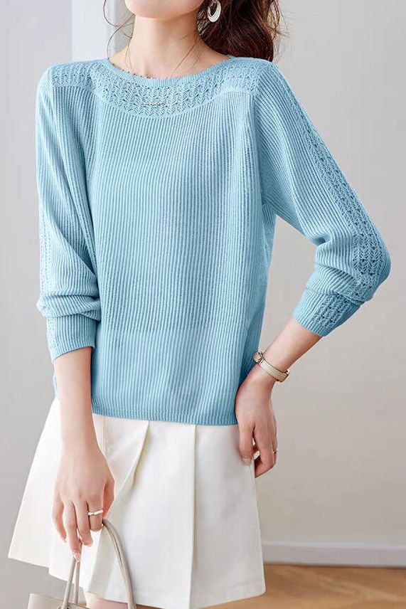 Casual Hollow‑Out Spliced Ribbed Knit Sweater