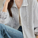 Casual Stripe Zip‑Up Long‑Sleeve Coat
