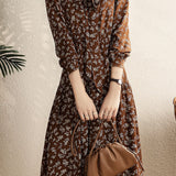 Exquisite Commuter Floral‑Print V‑Neck Long‑Sleeve Dress With Ribbon Bow