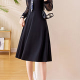 Elegant Commuter V‑Neck Printed Long‑Sleeve Dress With Ribbon And Mesh Splicing