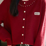 Elegant Pearl‑Trim Collar Label Cardigan