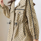 Casual Commuter Hooded Printed Elastic‑Waist Long‑Sleeve Coat