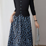Exquisite Elegant V‑Neck Floral‑Print Fake Two‑Piece Long‑Sleeve Dress
