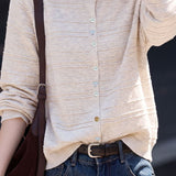 French Commuter Crew Neck Striped Textured Single‑Breasted Long‑Sleeve Knit Cardigan