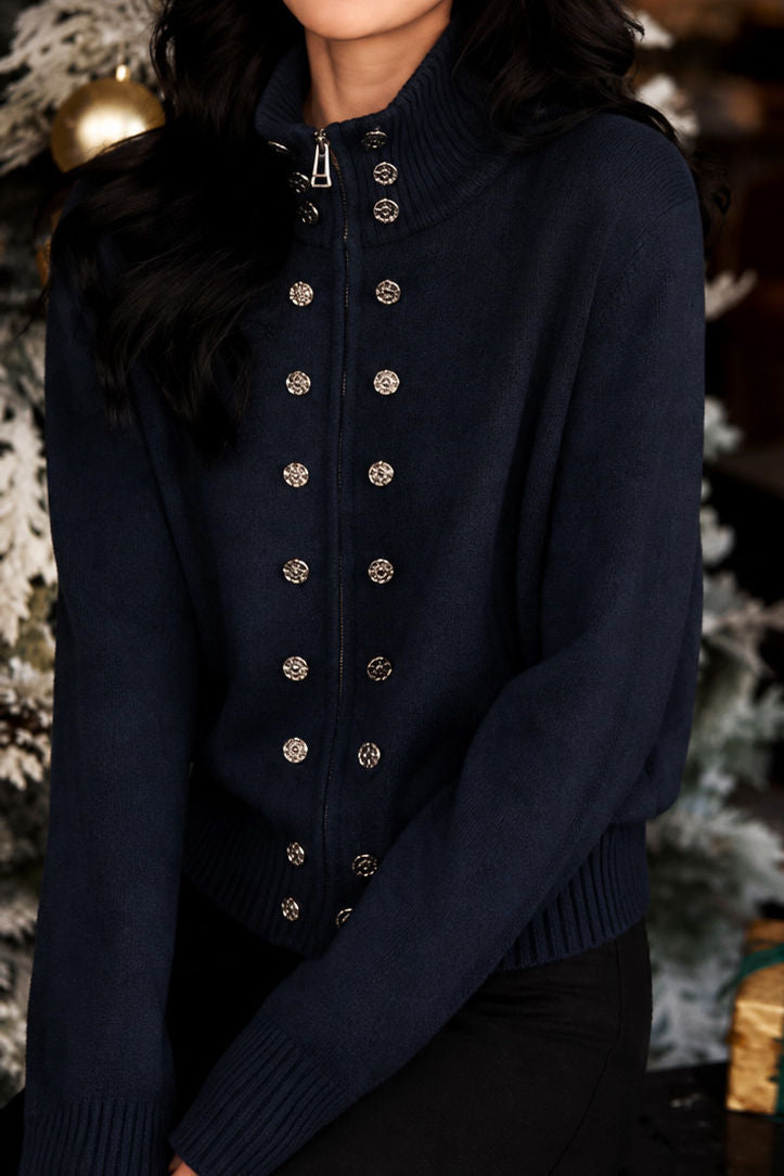 Casual Elegant Turtleneck Zip Double‑Breasted Long‑Sleeve Knit Cardigan