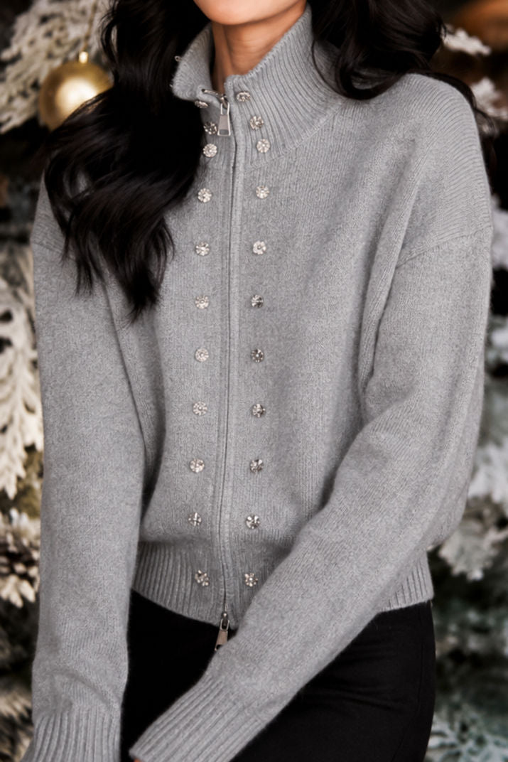 Casual Elegant Turtleneck Zip Double‑Breasted Long‑Sleeve Knit Cardigan