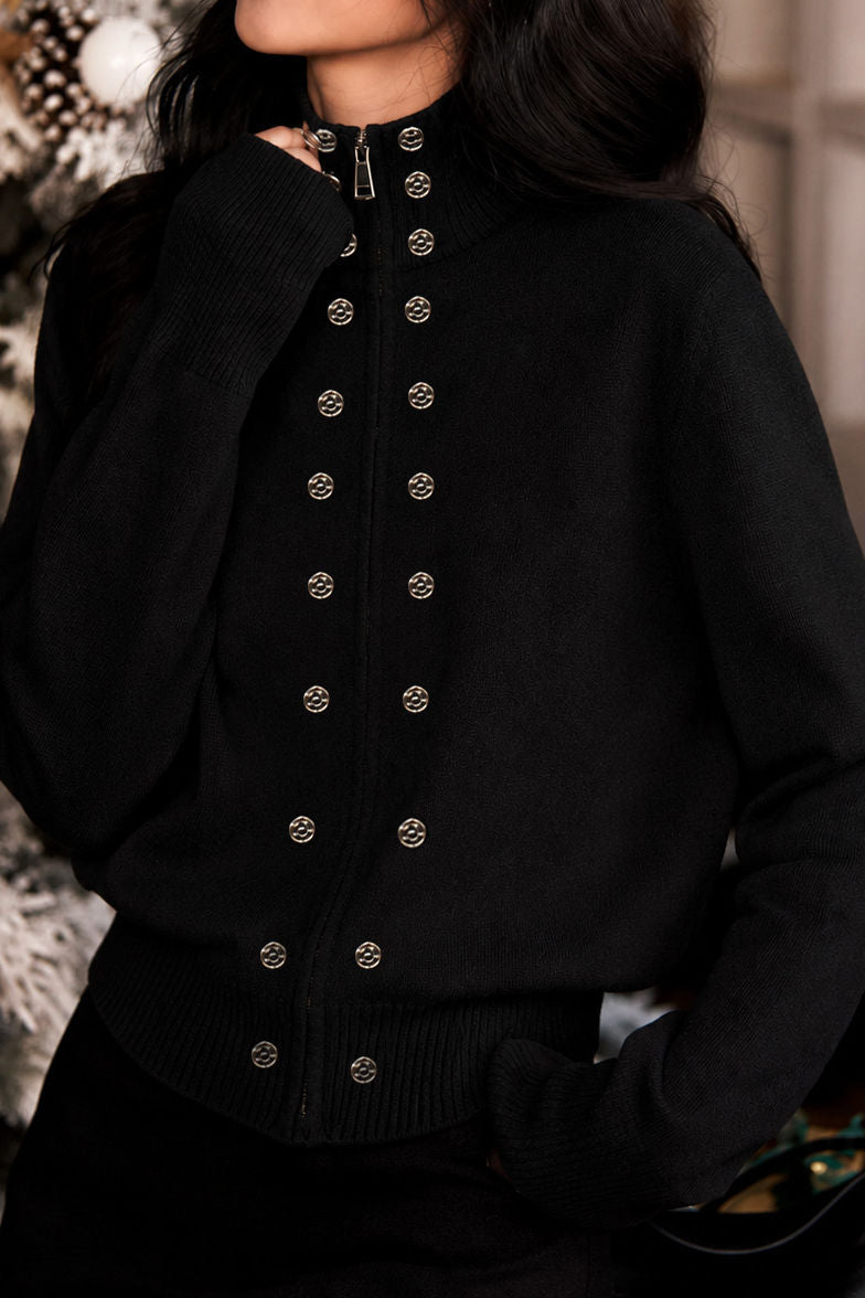 Casual Elegant Turtleneck Zip Double‑Breasted Long‑Sleeve Knit Cardigan