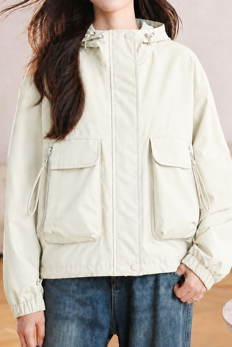 Casual Short Long‑Sleeve Coat With Large Pockets And Drawstring Hood