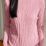 Elegant Commuter Mock Neck 3D Embossed Jacquard Long‑Sleeve Knit Sweater