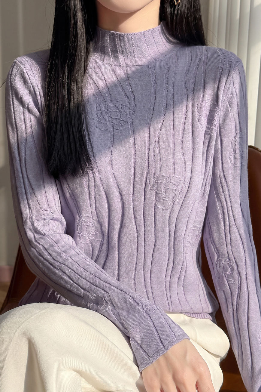 Elegant Commuter Mock Neck 3D Embossed Jacquard Long‑Sleeve Knit Sweater