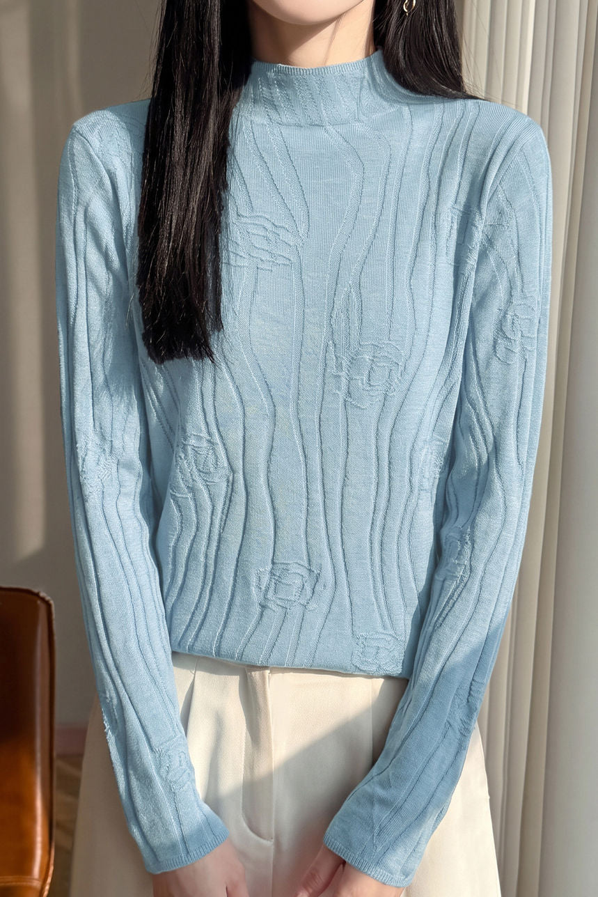 Elegant Commuter Mock Neck 3D Embossed Jacquard Long‑Sleeve Knit Sweater