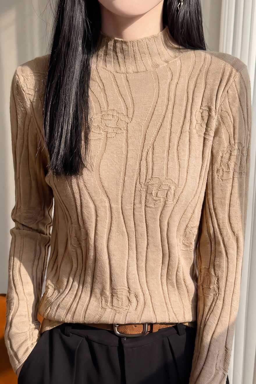 Elegant Commuter Mock Neck 3D Embossed Jacquard Long‑Sleeve Knit Sweater