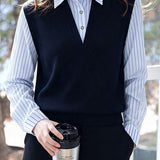 Elegant Commuter Lapel Spliced Striped Long‑Sleeve Knit Sweater