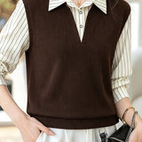 Elegant Commuter Lapel Spliced Striped Long‑Sleeve Knit Sweater