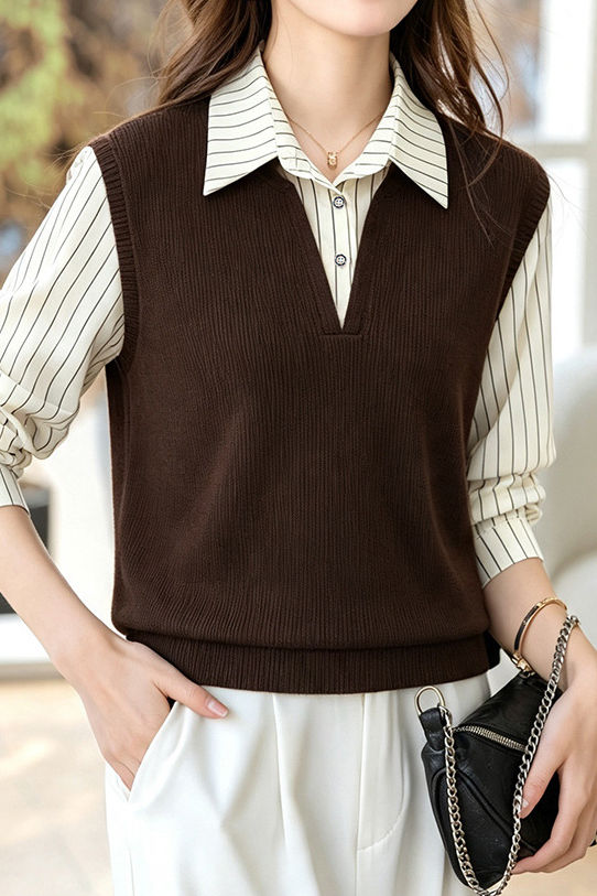 Elegant Commuter Lapel Spliced Striped Long‑Sleeve Knit Sweater